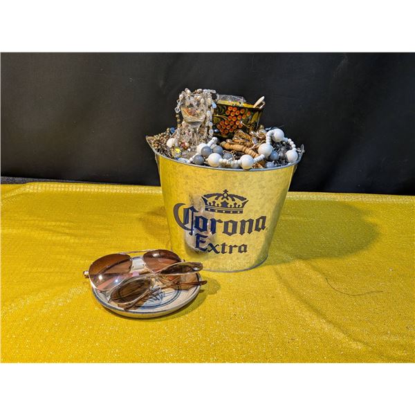 Big Metal Corona Tub with Assorted Bracelets, Watches, Necklaces, Plate, and Sunglasses