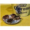 Image 5 : Big Metal Corona Tub with Assorted Bracelets, Watches, Necklaces, Plate, and Sunglasses