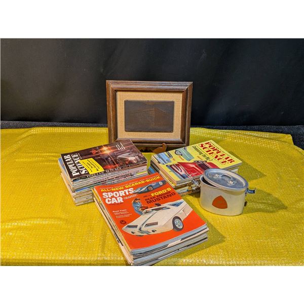 Framed Branding Stamp, 1950s-60s Popular Mechanics Magazines, and Metal Clasp Lock Container