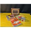 Image 1 : Framed Branding Stamp, 1950s-60s Popular Mechanics Magazines, and Metal Clasp Lock Container