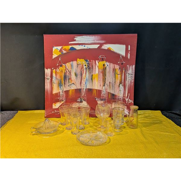 Abstract Signed Painting of Dancers with Assorted Clear Glassware Collection