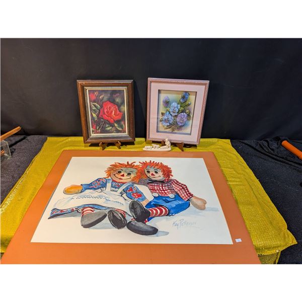Three Artworks: Raggedy Ann Painting, Floral Embossed Art, and Rose Print
