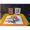 Image 1 : Three Artworks: Raggedy Ann Painting, Floral Embossed Art, and Rose Print