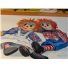 Image 2 : Three Artworks: Raggedy Ann Painting, Floral Embossed Art, and Rose Print