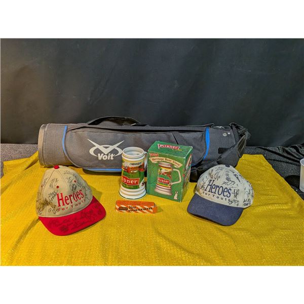 Portable Golf Bag with Heineken Beer Mug, Bottle Opener, and Autographed Baseball Caps