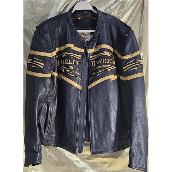 Harley-Davidson Mens Leather Jacket, Size 2XL, Black with Yellow Accents