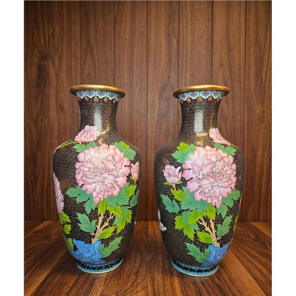 Cloisonne Enamel Vases with Floral and Black Background 16 inches h Minor chip present on one vase