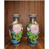 Image 1 : Cloisonne Enamel Vases with Floral and Black Background 16 inches h Minor chip present on one vase