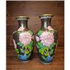 Image 2 : Cloisonne Enamel Vases with Floral and Black Background 16 inches h Minor chip present on one vase