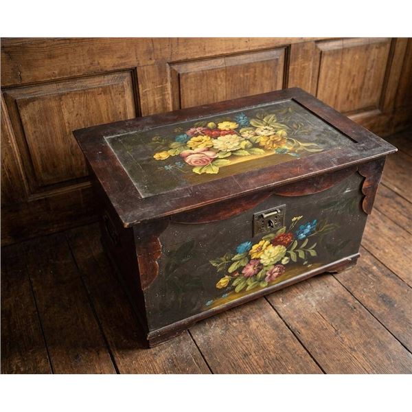 Wooden Chest with Floral Hand-Painted Decorations and Velvet-Lined Interior