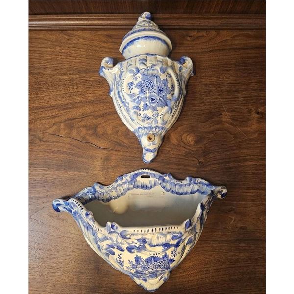 Blue and White Ceramic Wall-Mounted Planter with Lid