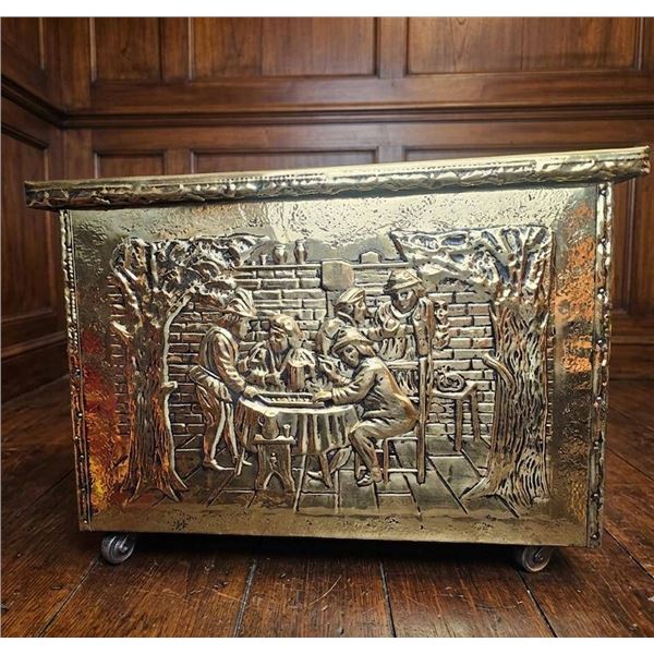 Embossed Metal Storage Chest With Figural Designs and Hinged Lid
