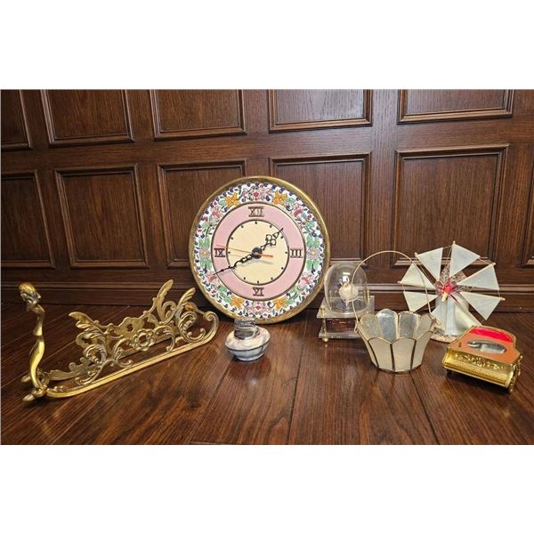 Decorative Objects Including Hand-Painted Wall Clock, Windmill, and More