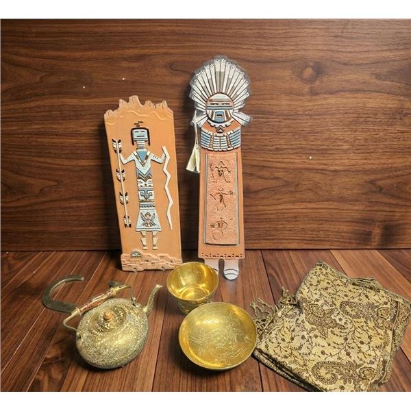 Handcrafted Decorative Items Including Kachina Wall Art and Brass Teapot