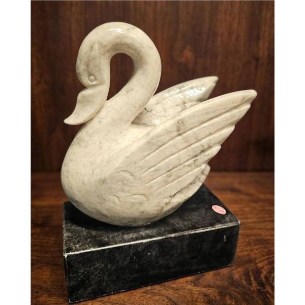 Italian Carved Marble Swan Figurine on Black Marble Base, 9 Inches H