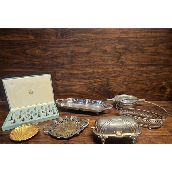 Silverplate Serving Pieces, With Silverplated Spoon Set and Gilt-Coated Shell Dish