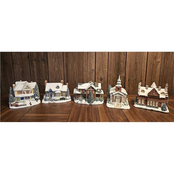 Five Hawthorne Village Illuminated Hand-Painted Porcelain Christmas Houses