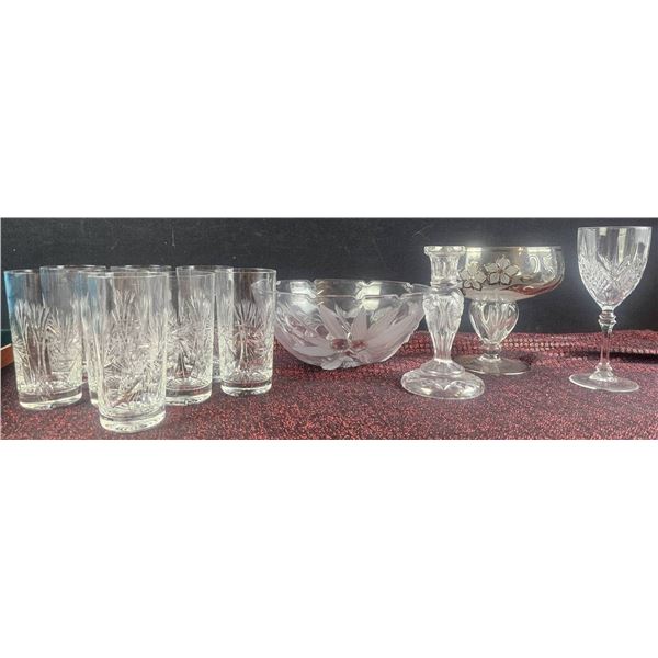 Glassware Set Including Etched Tumblers, Decorative Bowl, and Stemware