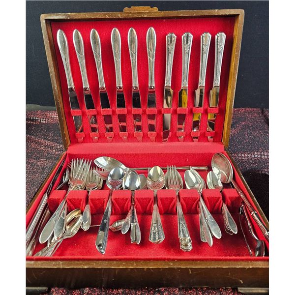Silver-Plated Flatware in Wooden Storage Boxes