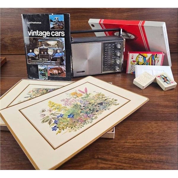 Vintage Lot: Playing Card Set, Illustrated Vintage Cars Book, Radio, and Decorative Trays