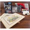 Image 1 : Vintage Lot: Playing Card Set, Illustrated Vintage Cars Book, Radio, and Decorative Trays