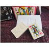 Image 2 : Vintage Lot: Playing Card Set, Illustrated Vintage Cars Book, Radio, and Decorative Trays