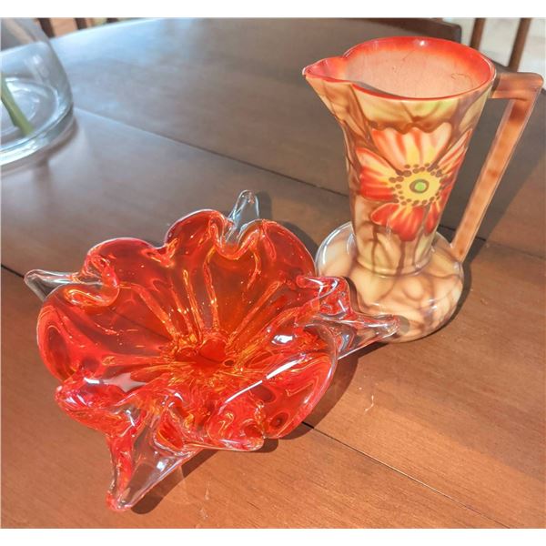 Murano-Style Glass Bowl and Floral Ceramic Pitcher Set