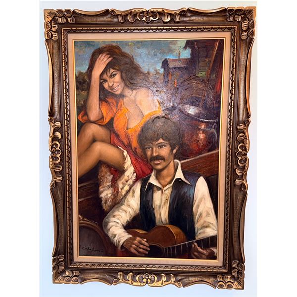 Framed Oil Painting Signed by Carlo Amotti, Depicting a Couple, Made in Italy