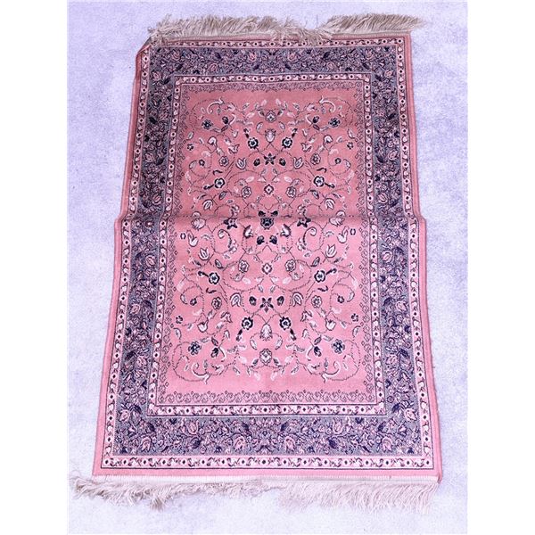 Pink and Blue Handwoven Floral Area Rug with Fringed Edges