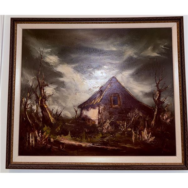 Framed Oil on Canvas Landscape Painting of A Rural Cabin