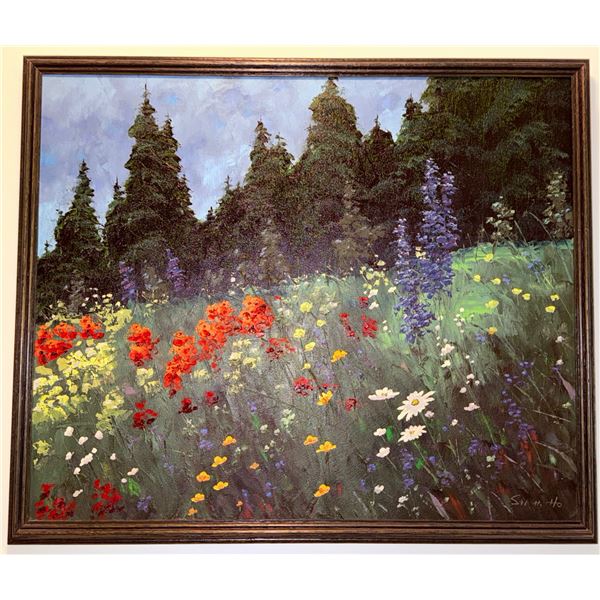 Framed Oil Painting of Wildflower Meadow Signed by Artist