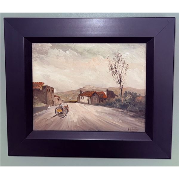 Framed Oil Painting on Canvas Depicting a Village Scene