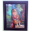 Image 1 : Framed Oil Painting of Girl with Puppy by M. Verni