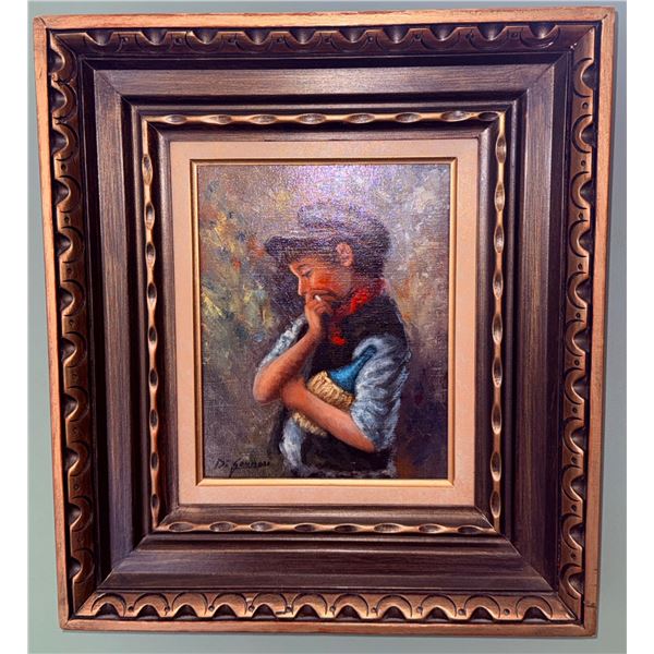 Framed Oil Painting of a Boy with Bread, Signed by Artist in Layered Wood Frame