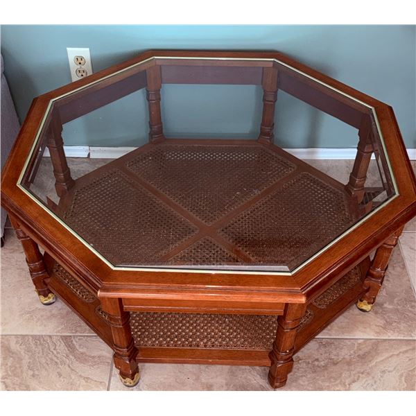 Octagonal Glass-Top Coffee Table With Cane Shelves and Wooden Frame