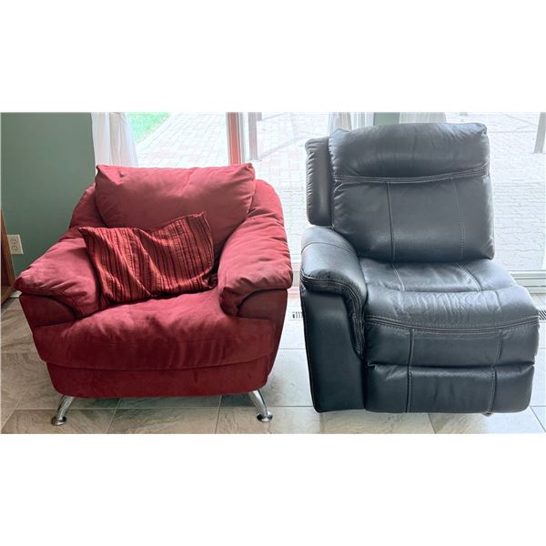 Two-Piece Seating Set: Red Upholstered Lounge Chair and Black Faux Leather Recliner