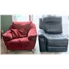 Image 1 : Two-Piece Seating Set: Red Upholstered Lounge Chair and Black Faux Leather Recliner