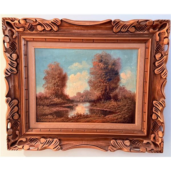 Oil Painting of a Landscape Scene in a Carved Wooden Frame