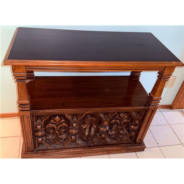 Two-Tier Wooden Cabinet Console Table with Ornate Carved Doors