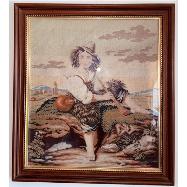 Framed Needlepoint Artwork Depicting a Rural Scene