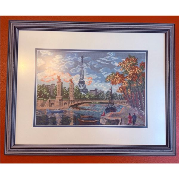 Framed Needlepoint Artwork Depicting a Parisian Scene