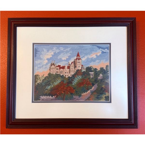 Framed Handcrafted Cross-Stitch Artwork Featuring a Castle Landscape