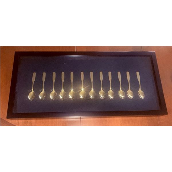 12 Gold-Toned Metal Spoons in Shadow Box Display