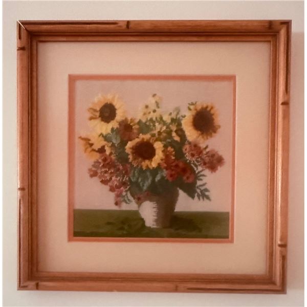 Framed Floral Needlepoint Artwork Featuring Sunflowers