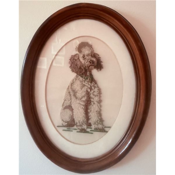 Framed Needlepoint Artwork Depicting a Poodle in Oval Wooden Frame