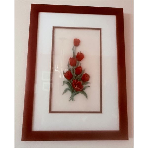 Framed Wall Art Featuring Embroidered Red Tulips
