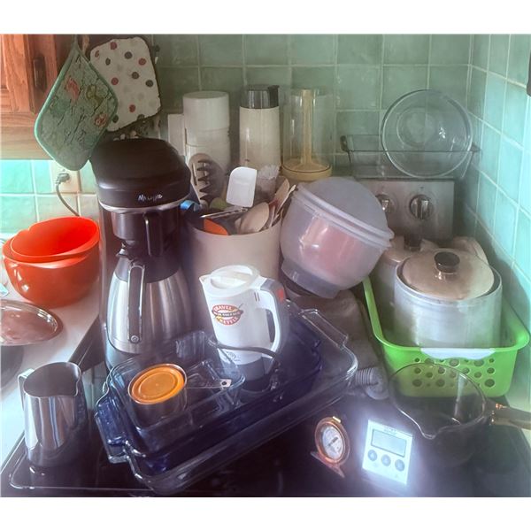 Kitchenware Lot with Knives, Coffee Maker, Cookware, and Utensils