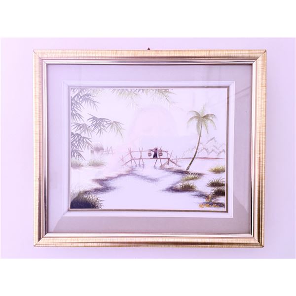 Framed Watercolor Landscape Painting with Bamboo Bridge and Palm Tree