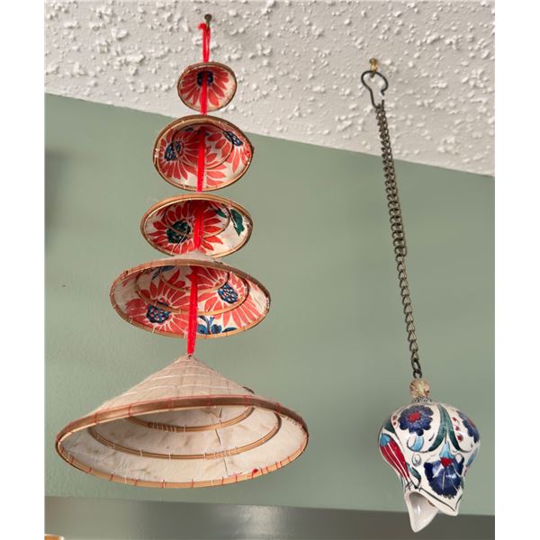 Hanging Decorative Vietnamese Hat Ornament and Floral Ceramic Bell
