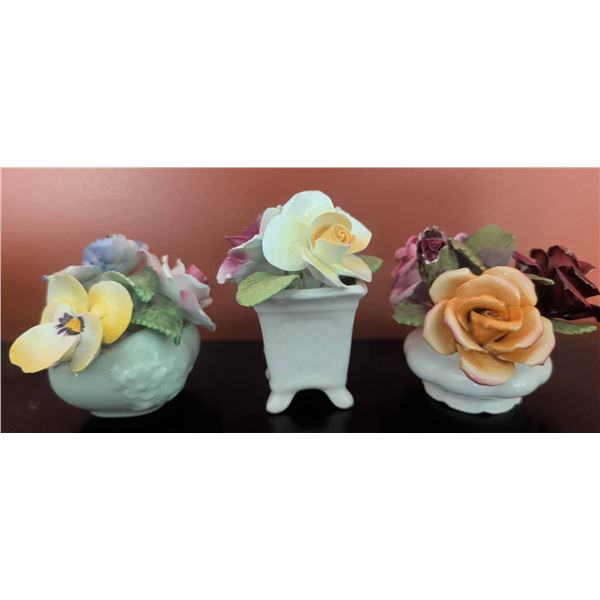 3 English Bone China Floral Figurines by Crown Royal, Thorley, and Royal Albert